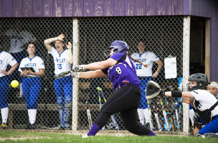 Katie Turban gets a hit on Saturday's game against Bentley. Women's Softball defeated them with a 5-4 win. Photo taken on April 29, 2017.