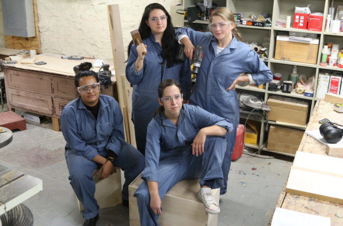 Four art majors, Melanie Castillo, Heaven Chartier, Katie Combs, Sophia Caravella (all ’18), make up Woodworking and Furniture Design this semester.