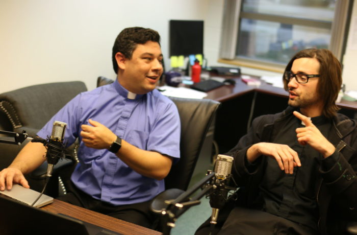 PHOTO BY LANCE REYNOLDS
The Rev. Lino Oropeza and the Rev. Michael Carter, S.S.E, as they record their weekly live Youtube show “The Edmundite Show”.