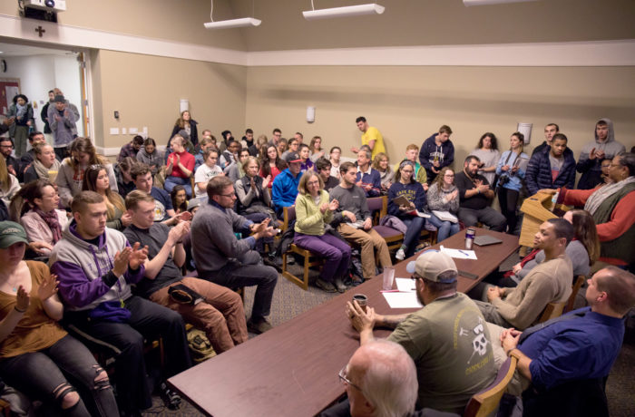 PHOTO BY MATTHEW DOYLE
Students and other members of the community gathered to listen to the panel discussion on taking a knee and to ask questions of the panelists.