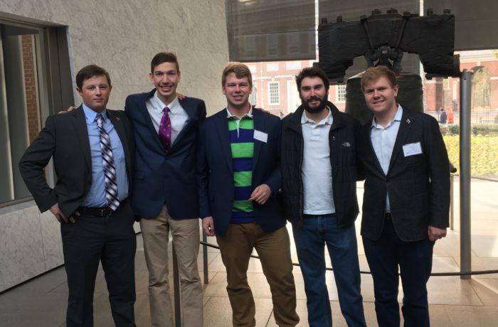 Members of the Model U.N. team at their last competition at the University of Pennsylvania. (left to right) Ryan Lawrence ’20, Shane Coughlin ’21, Asah Whalen ’19, Matt Narsiff ’18, Alec Medine ’18.