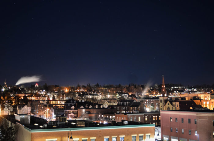 Downtown Burlington glows on a cold wintery February night. (Photo by Brandon Bielinski
