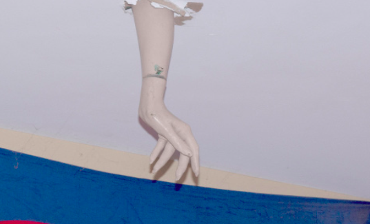 Townhouse ceiling damage is temporarily beautified with a mannequin arm.  (Photo by James Koppelmann)